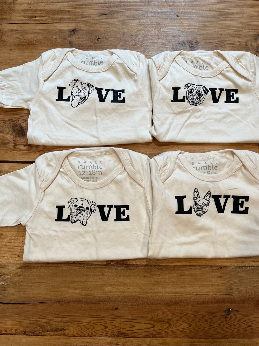 Set/4 SMALL RUMBLE 12-18M Ivory Unisex Organic Dog Puppy Love Bodysuits
